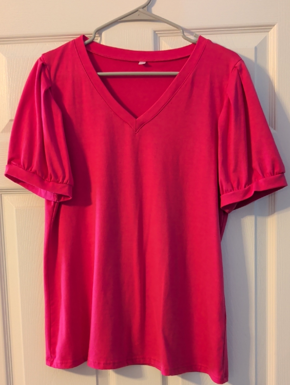 Women's V-Neck Puff Sleeve Top - Hot Pink Large